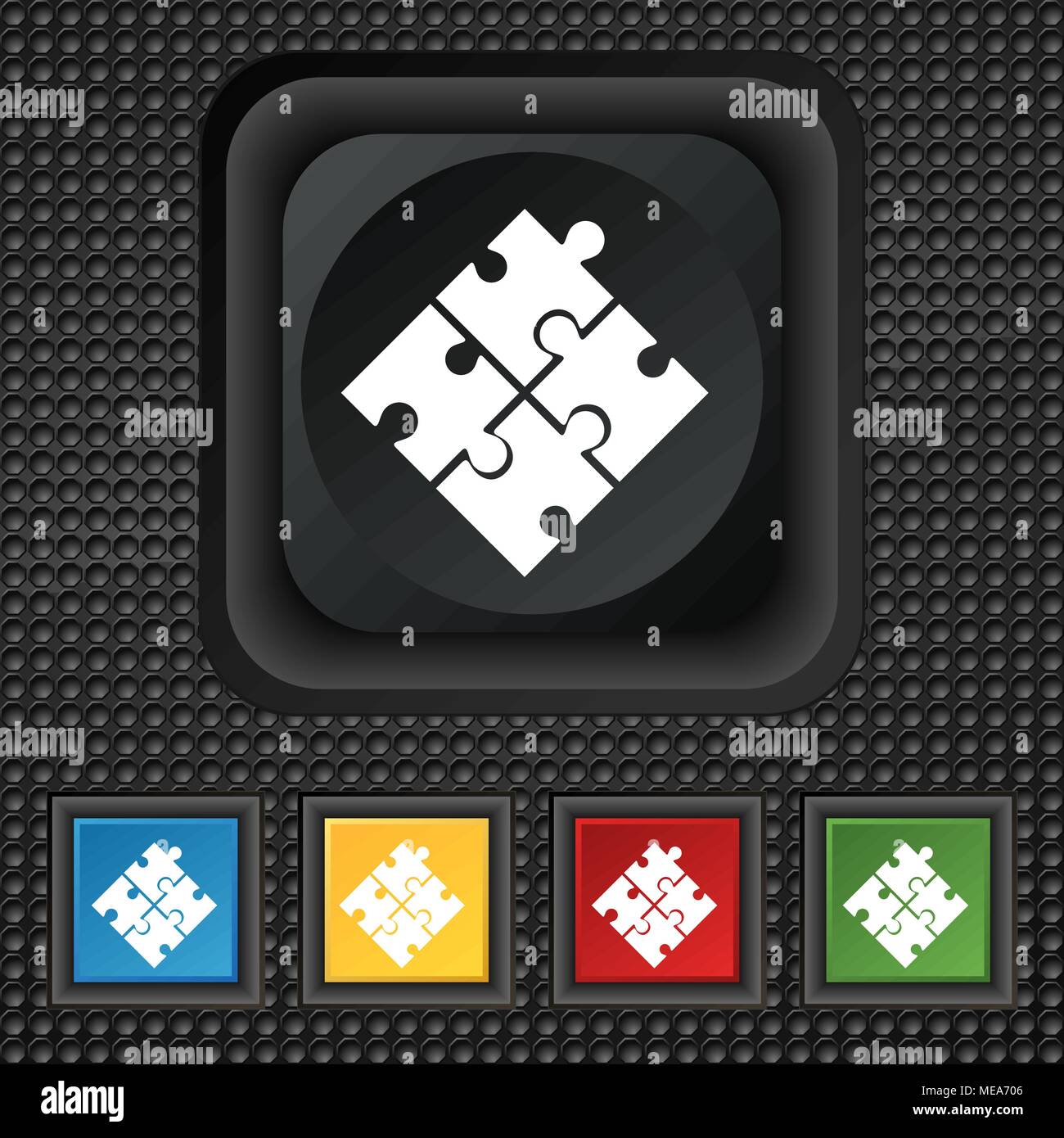 Puzzle piece icon sign. symbol Squared colourful buttons on black ...