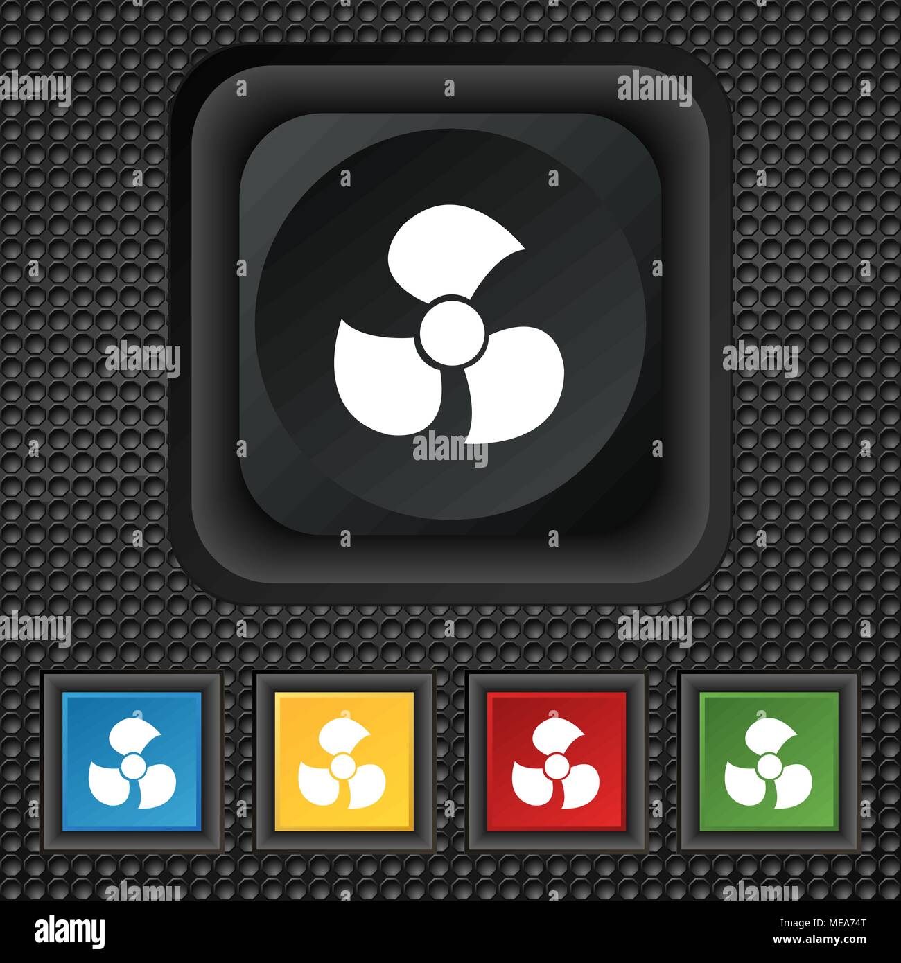 Fans, propeller icon sign. symbol Squared colourful buttons on black ...