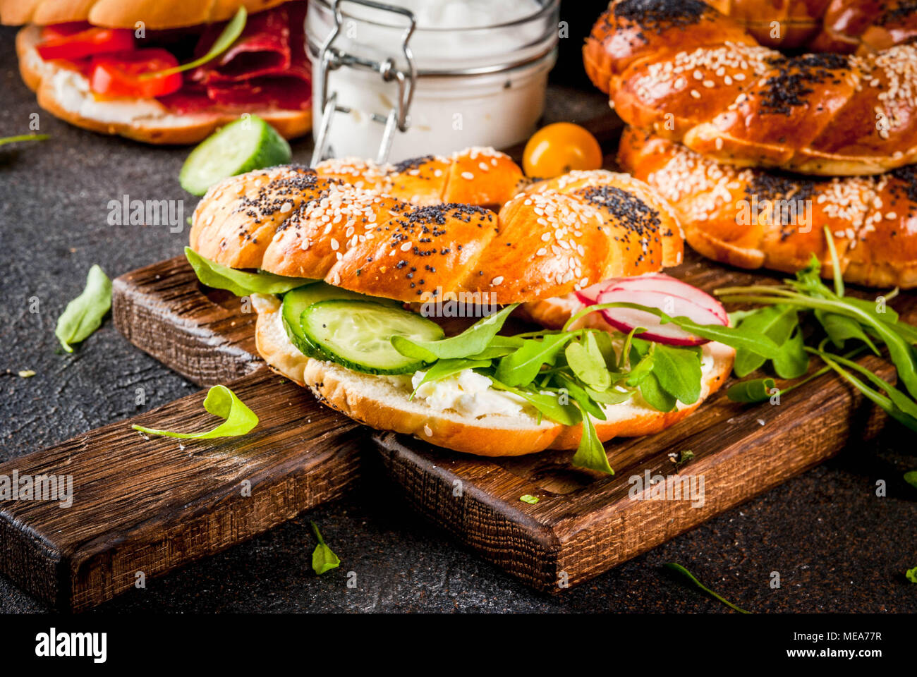 Variety Of Homemade Bagels Sandwiches With Sesame And Poppy Seeds