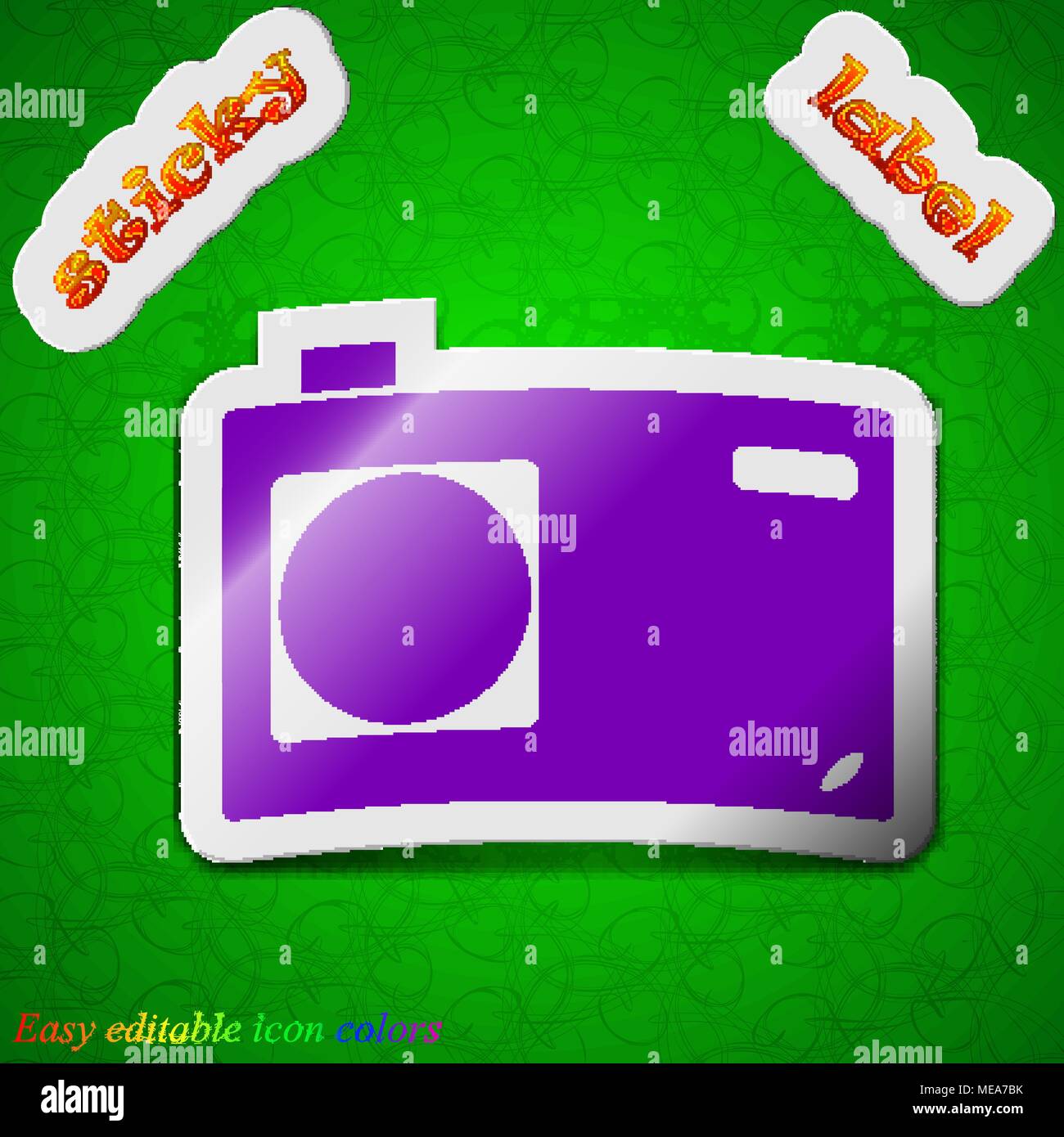 Photo camera icon sign. Symbol chic colored sticky label on green ...