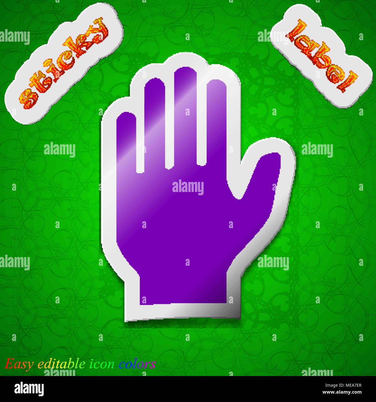 Hand print icon sign. Symbol chic colored sticky label on green ...