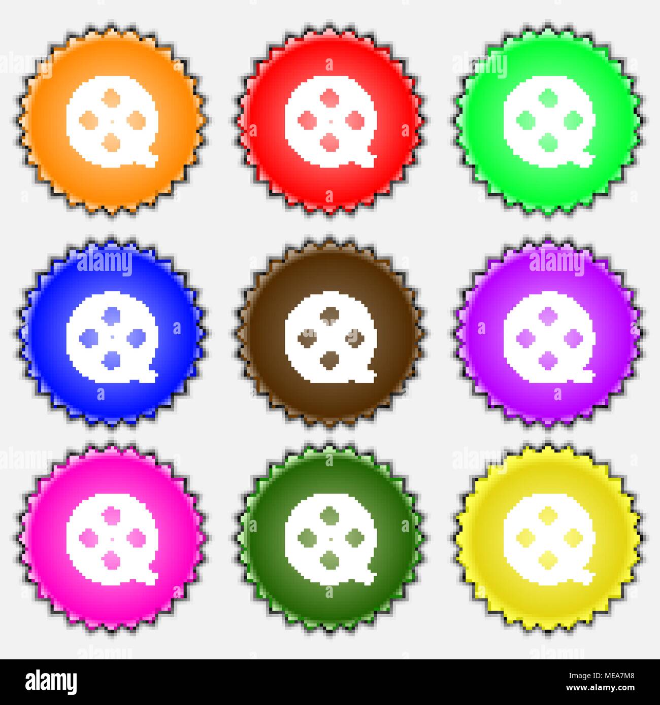 Film icon sign. A set of nine different colored labels. Vector ...