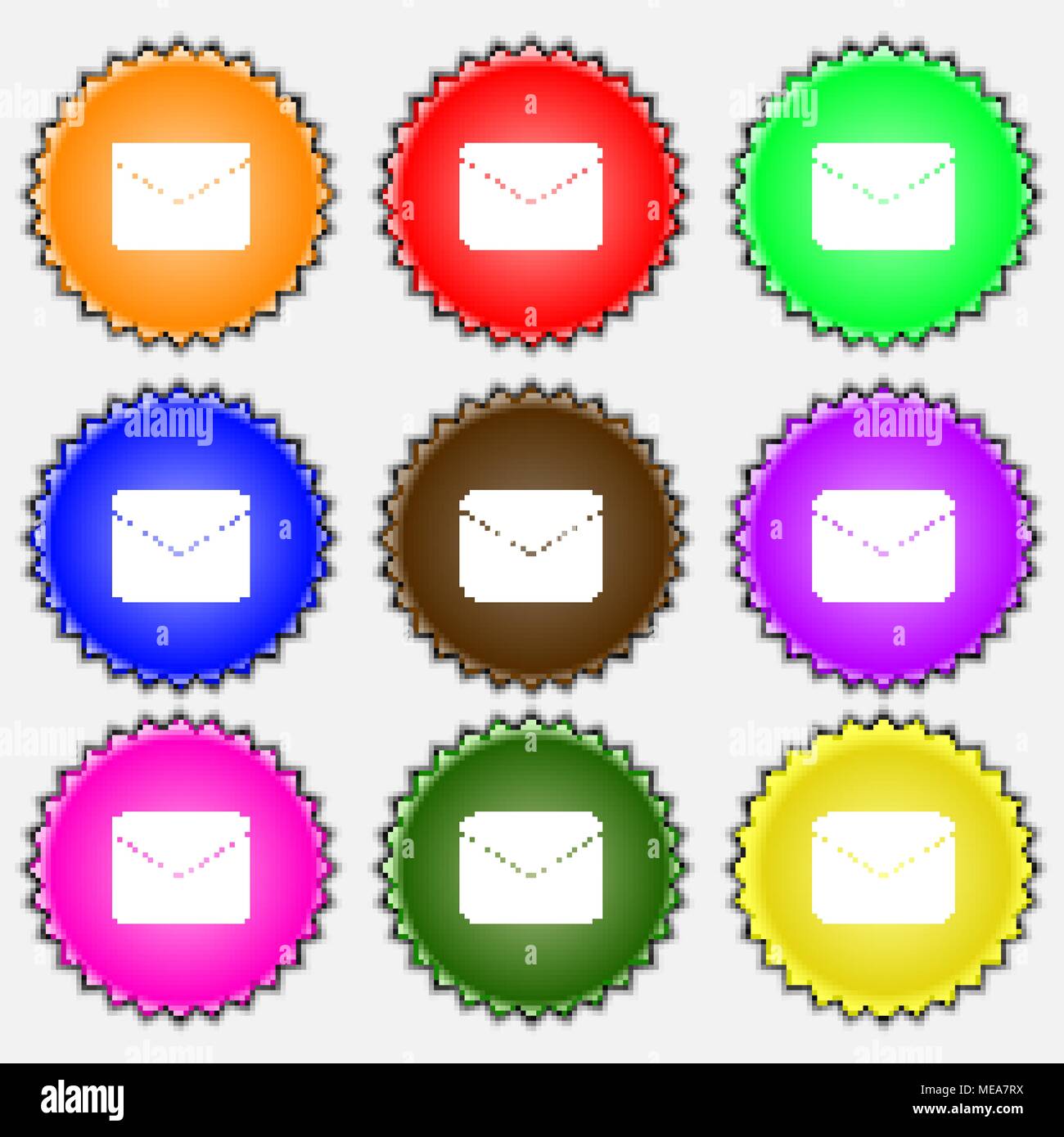 Mail, Envelope, Message icon sign. A set of nine different colored ...