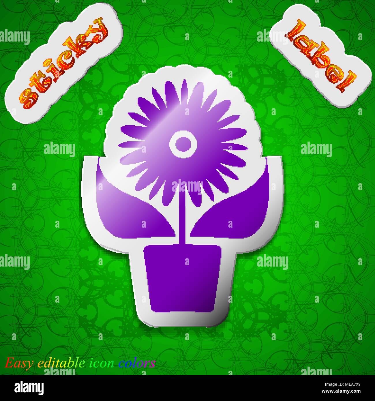 Flowers in pot icon sign. Symbol chic colored sticky label on green ...