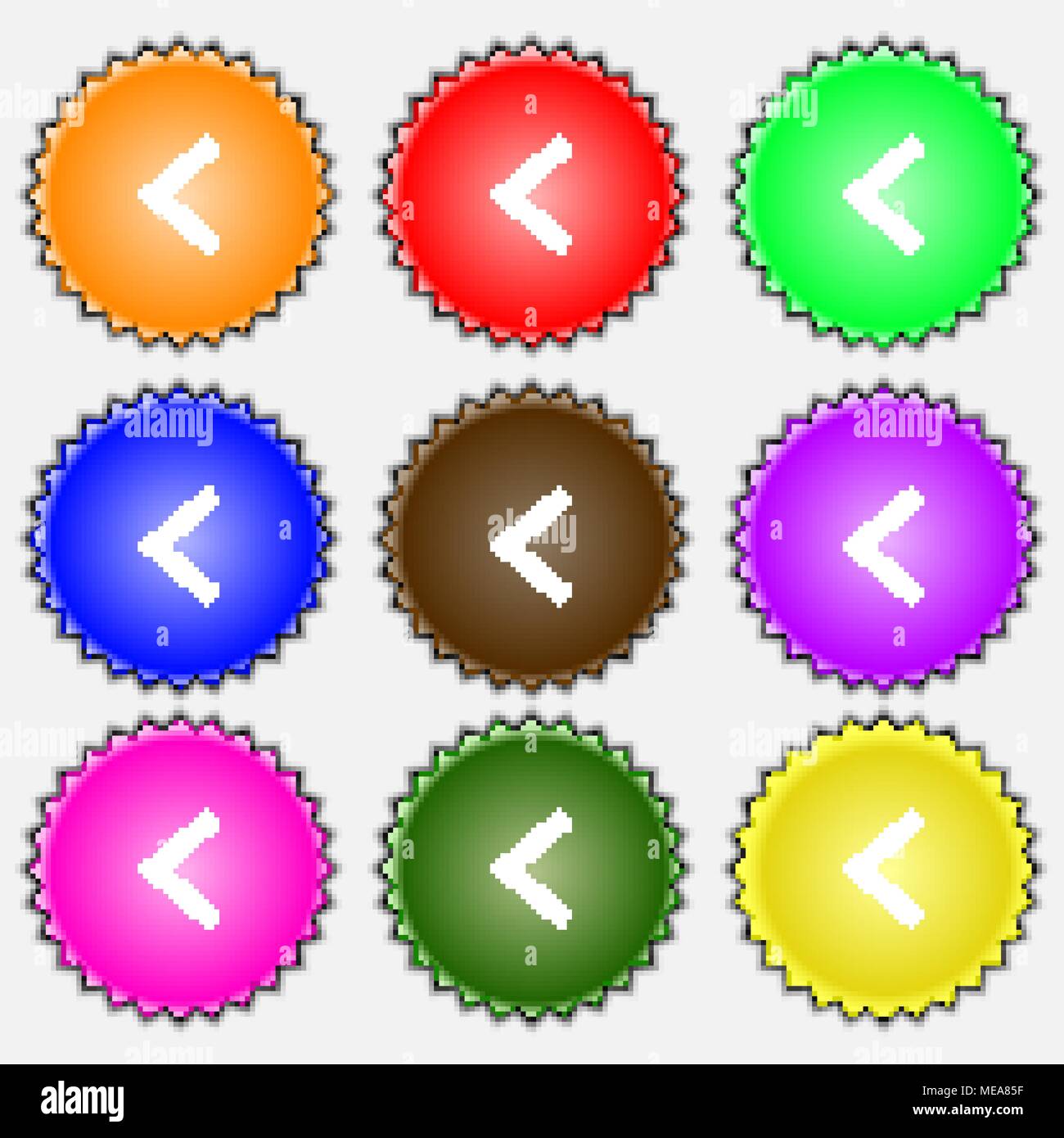 Arrow left, Way out icon sign. A set of nine different colored labels ...