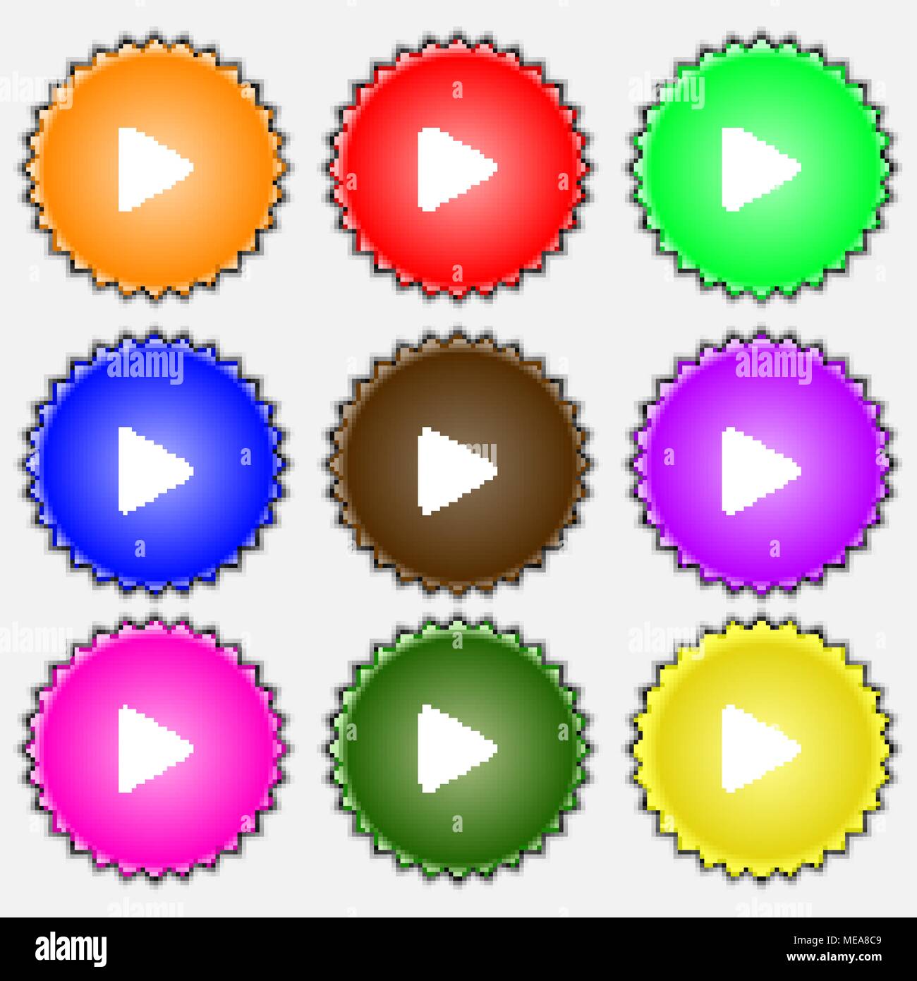 play icon sign. A set of nine different colored labels. Vector ...