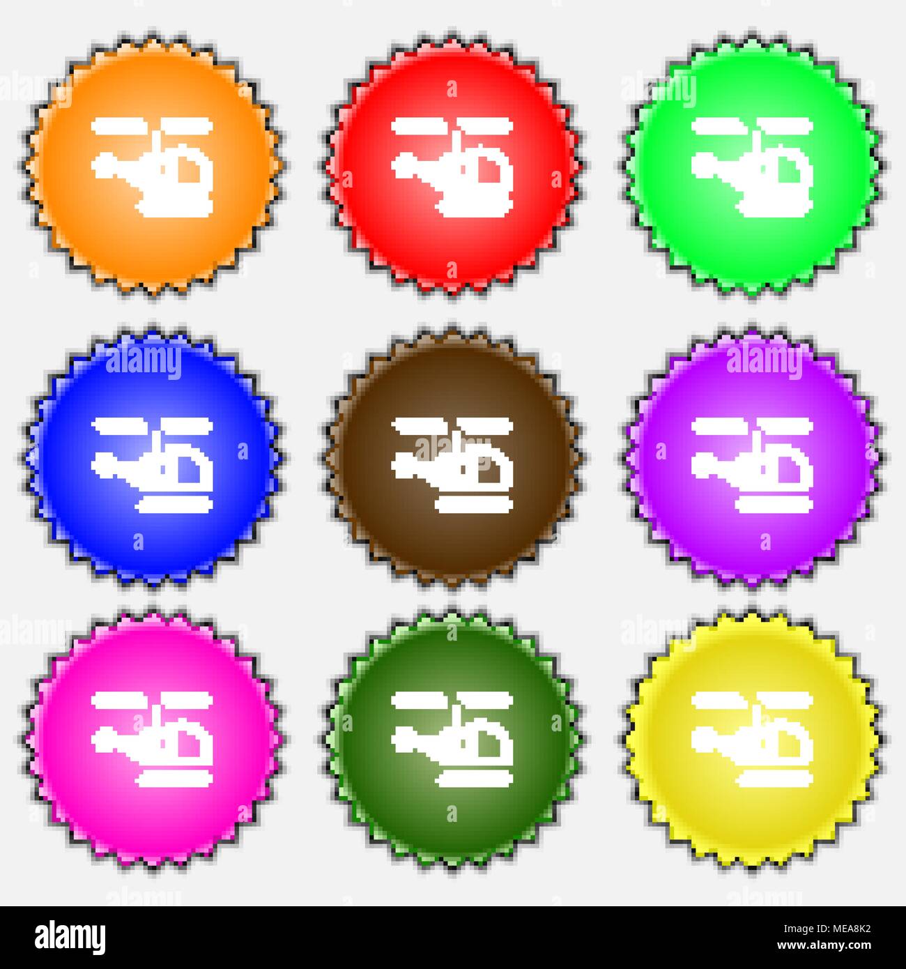 Helicopter icon sign. A set of nine different colored labels. Vector ...