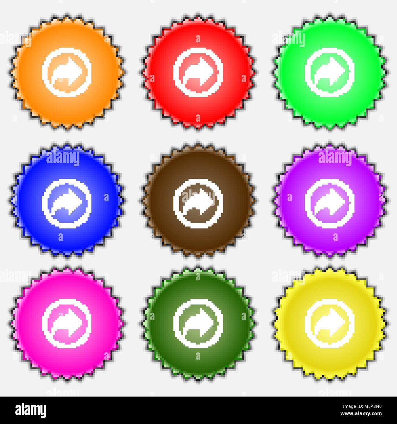 Arrow right, Next icon sign. A set of nine different colored labels ...