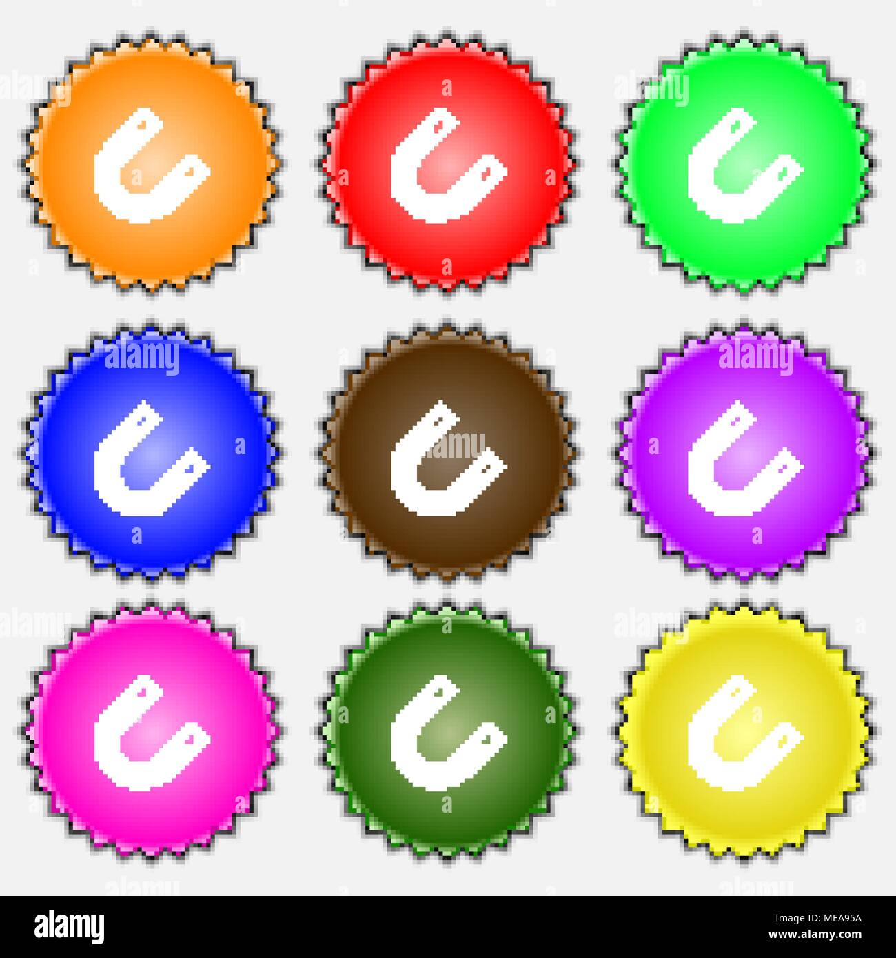 magnet, horseshoe icon sign. A set of nine different colored labels ...