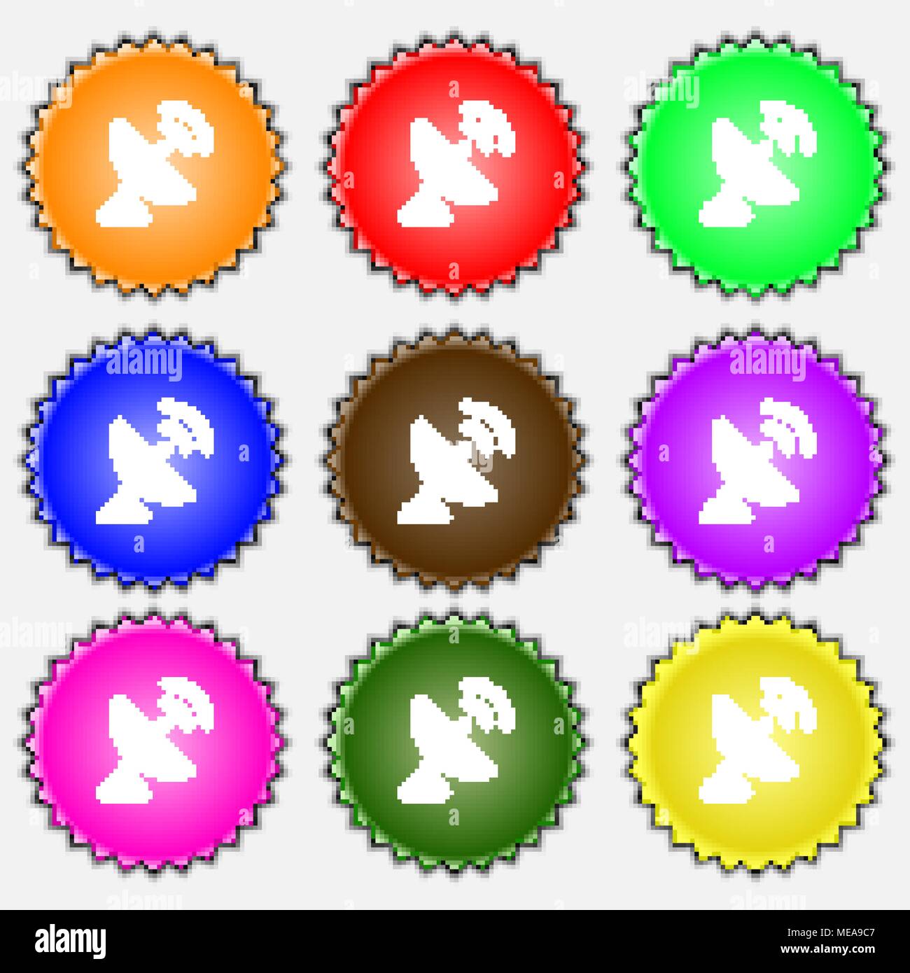 satellite antenna icon sign. A set of nine different colored labels ...