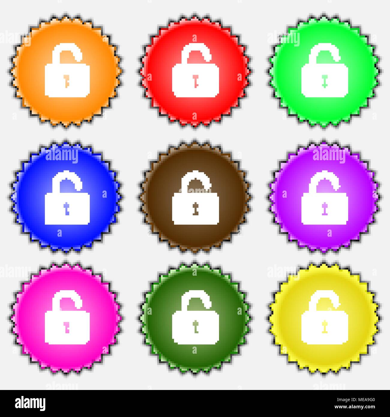 Open Padlock icon sign. A set of nine different colored labels. Vector ...