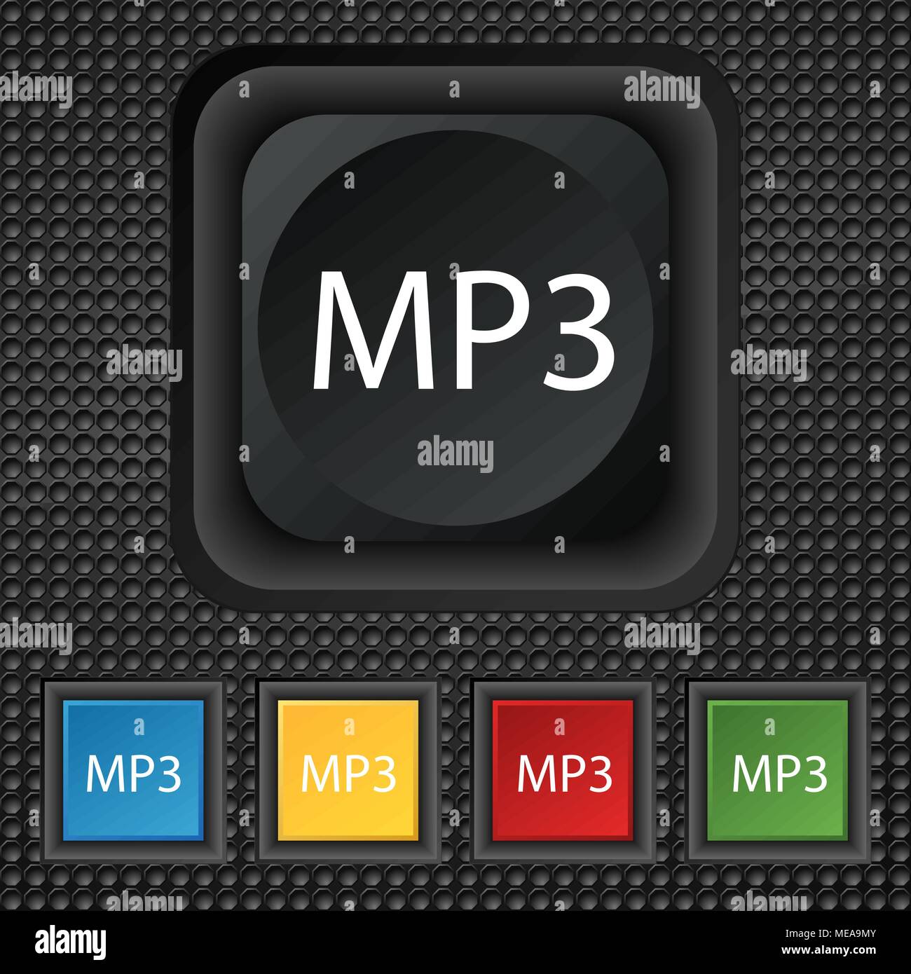 Mp3 music format sign icon. Musical symbol. Set of colored buttons ...