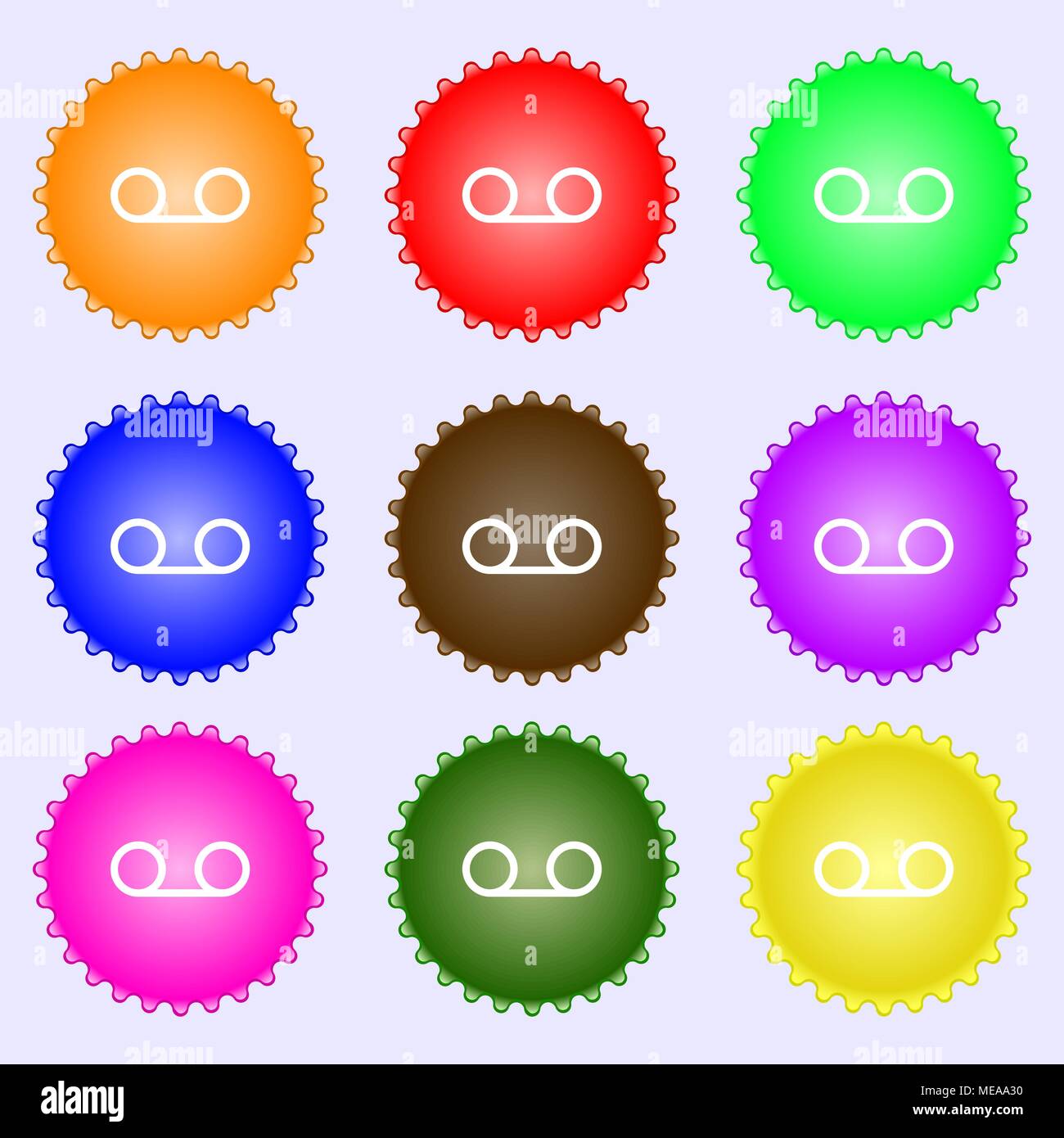 audio cassette icon sign. A set of nine different colored labels ...