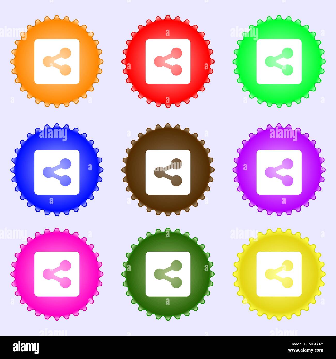 Share icon sign. A set of nine different colored labels. Vector ...