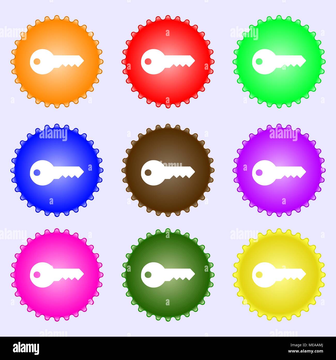 key icon sign. A set of nine different colored labels. Vector ...