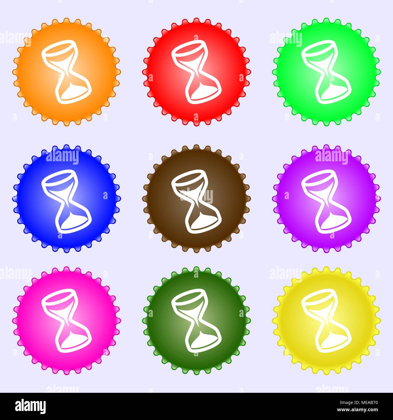 hourglass icon sign. A set of nine different colored labels. Vector ...