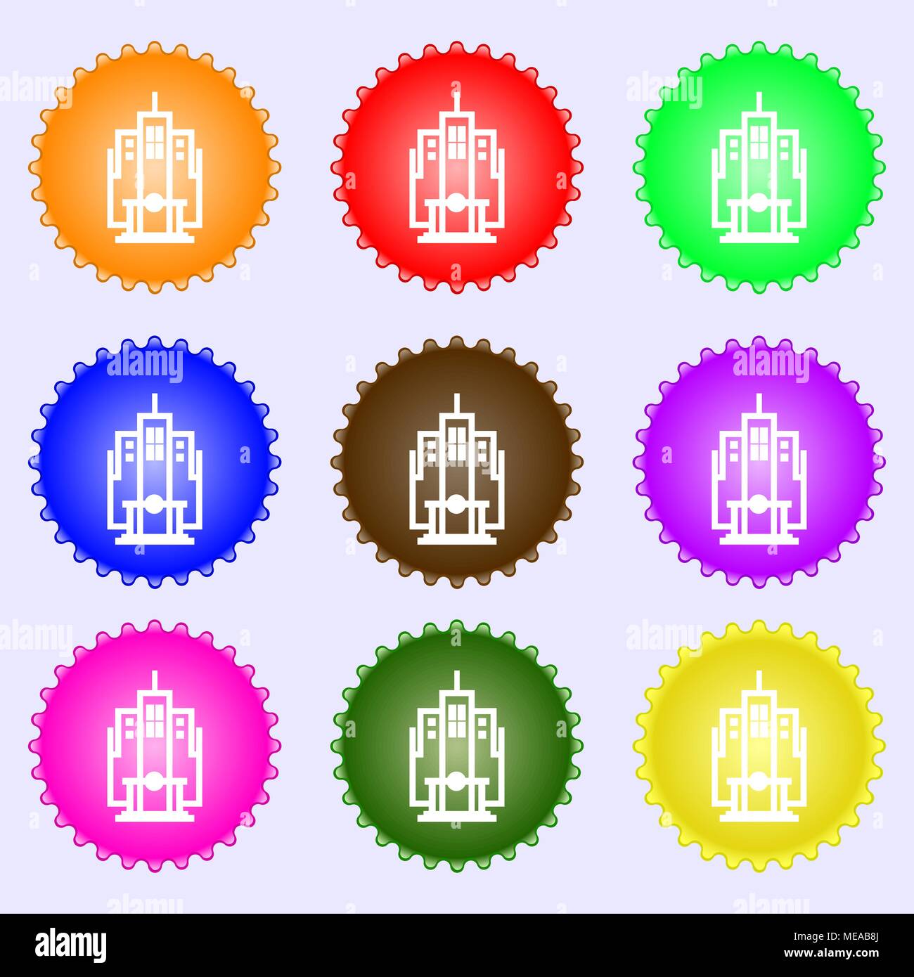 skyscraper icon sign. A set of nine different colored labels. Vector ...