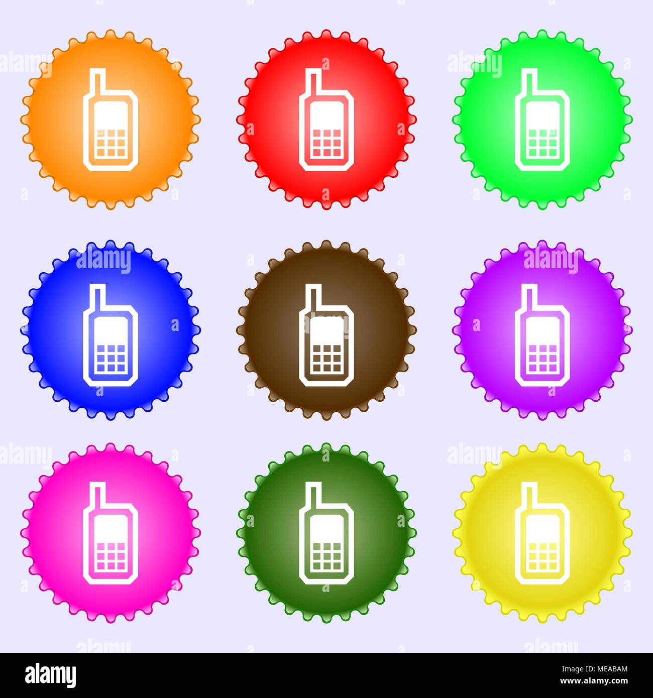 Mobile phone icon sign. A set of nine different colored labels. Vector ...