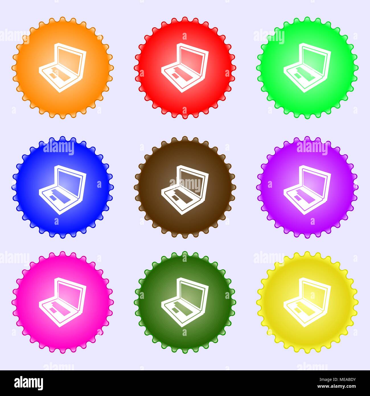 Laptop icon sign. A set of nine different colored labels. Vector ...