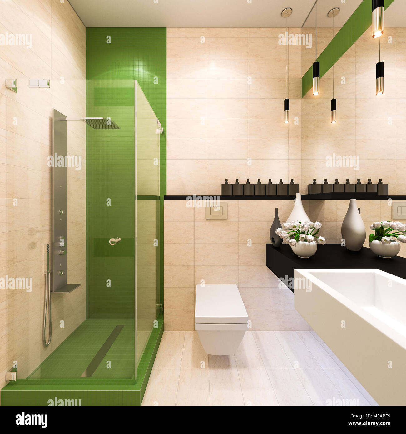 Interior design of the bathroom in a modern architectural style. 3d rendering, 3d illustration of bathroom interior with shower Stock Photo