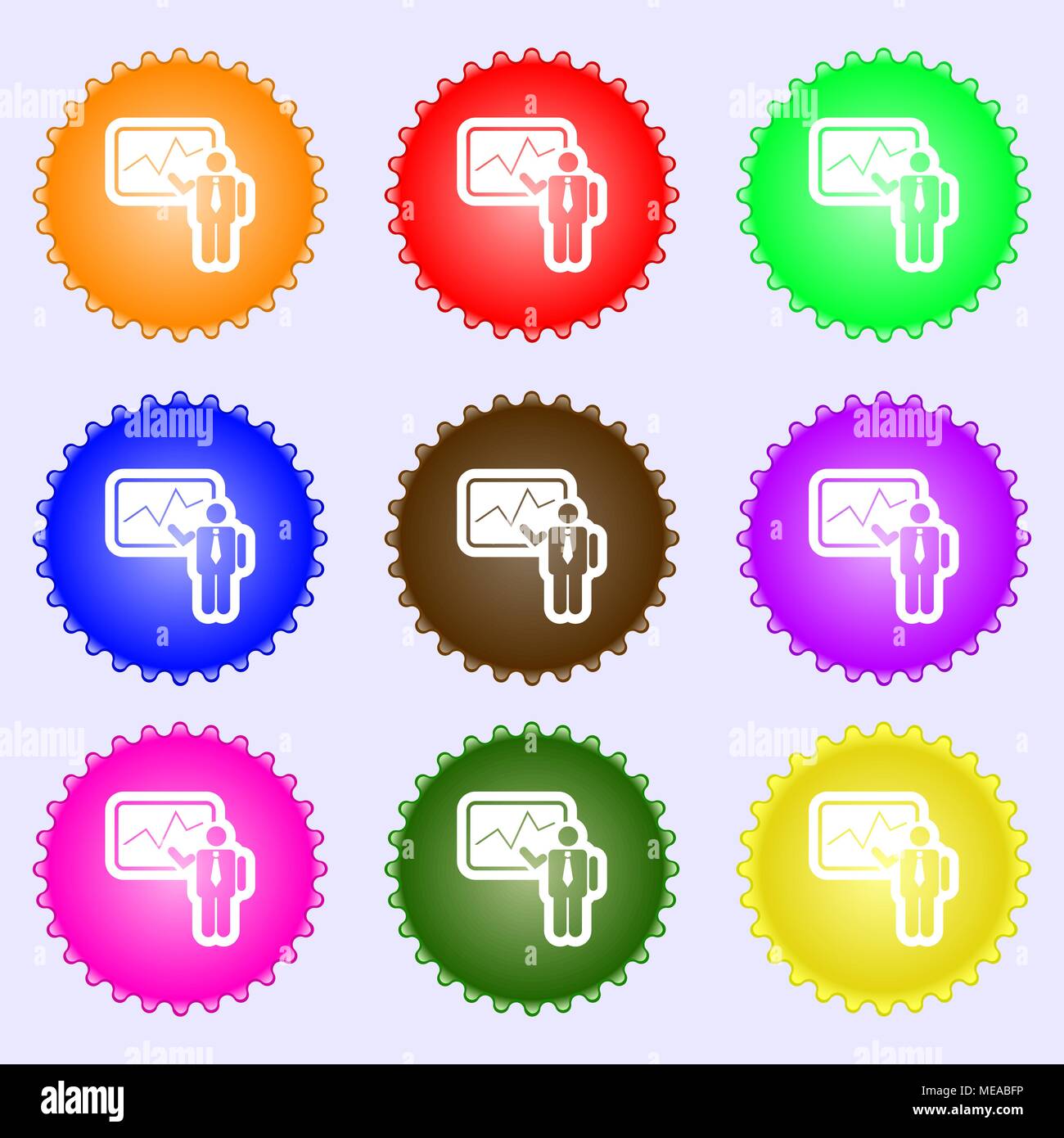businessman making report icon sign. A set of nine different colored ...
