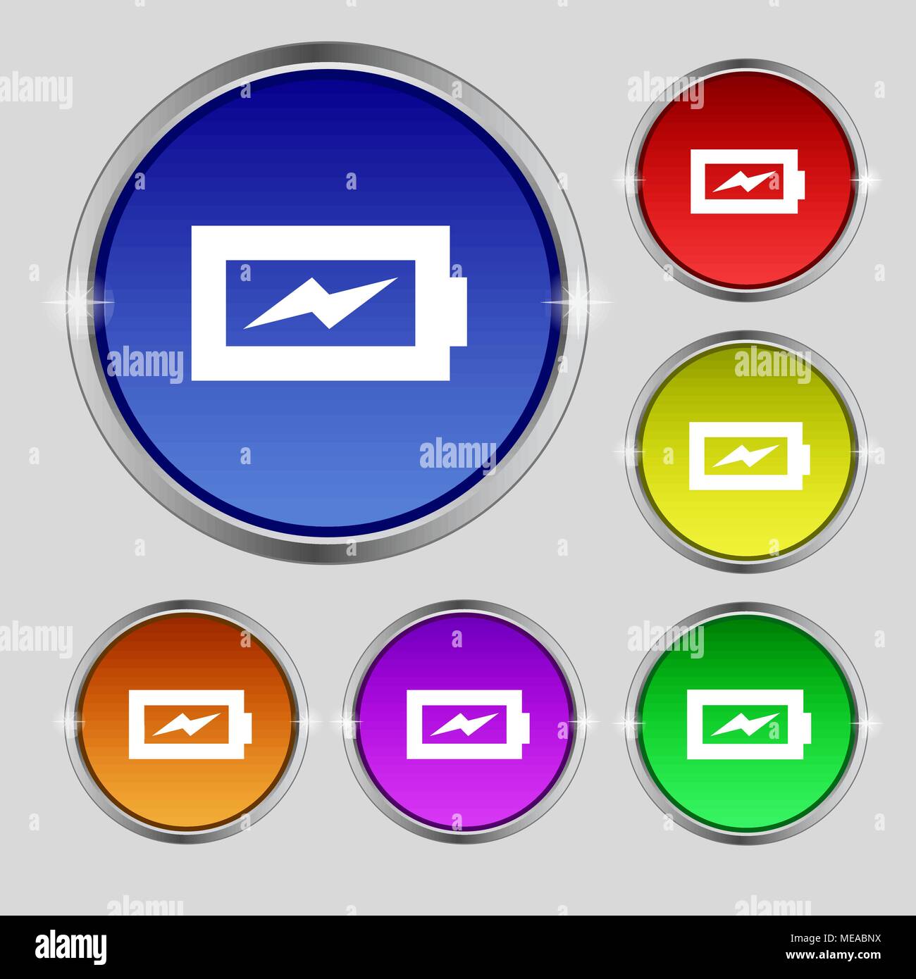 Battery charging icon sign. Round symbol on bright colourful buttons ...