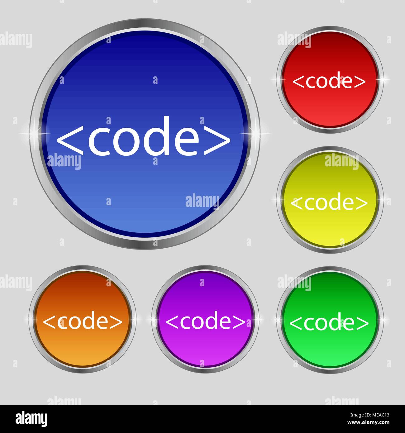 Code sign icon. Programming language symbol. Set of colored buttons ...