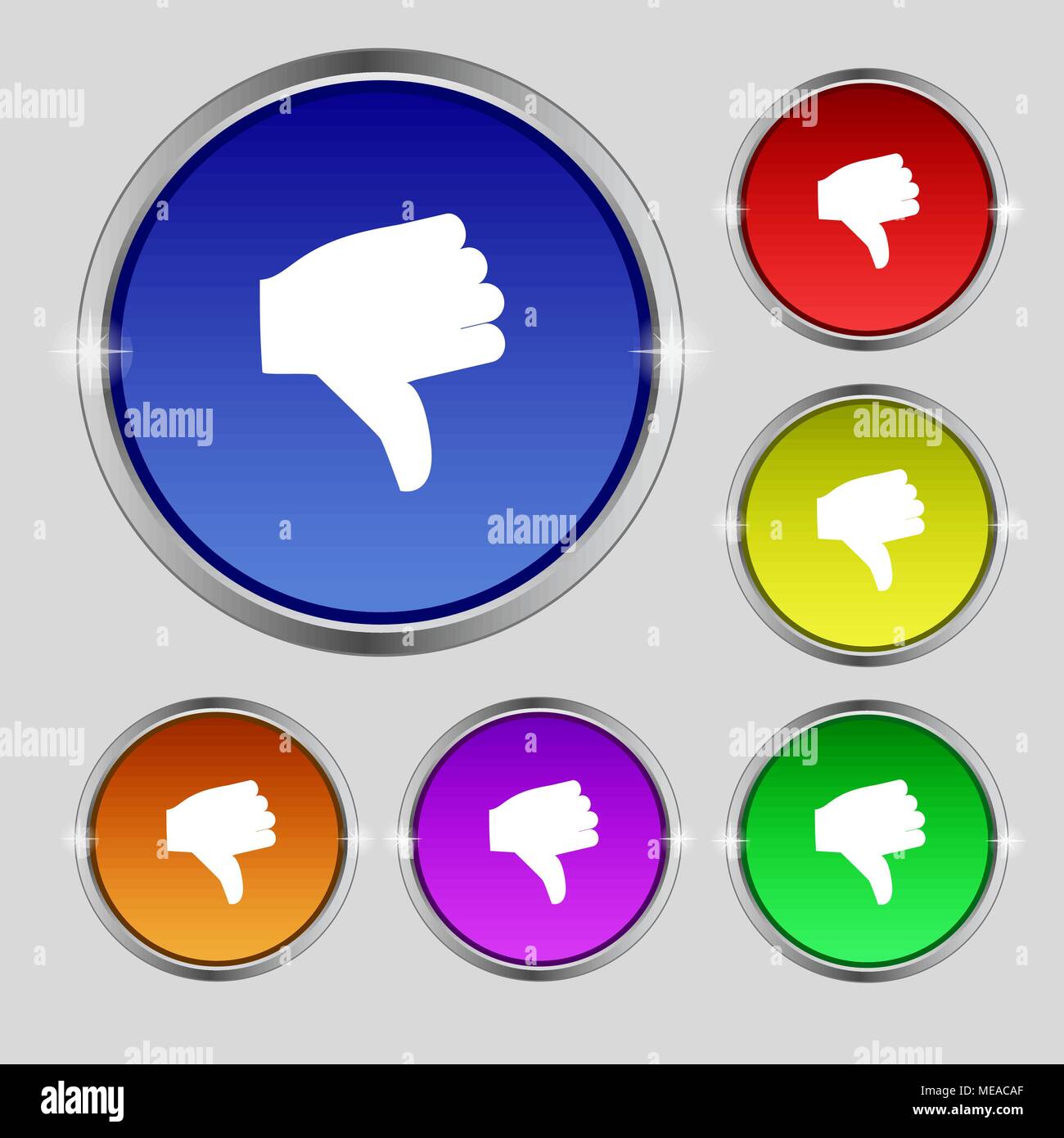 Dislike, Thumb down icon sign. Round symbol on bright colourful buttons ...