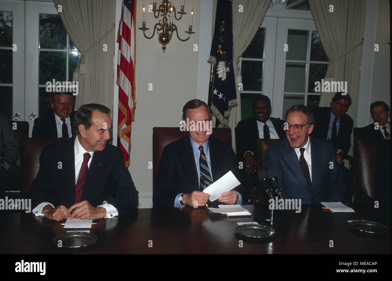 President George H W Bush Meets With The Senate Leadership In The