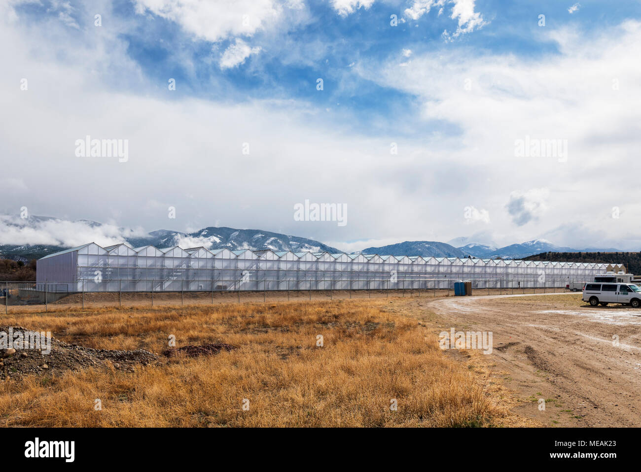Pure Greens; large greenhouses; wholesale marijuana grower; Salida; Colorado; USA Stock Photo