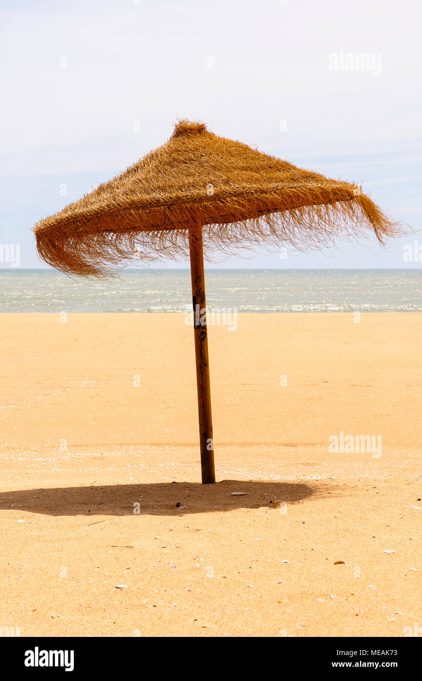 Straw parasol on a sandy beach. Stock Photo