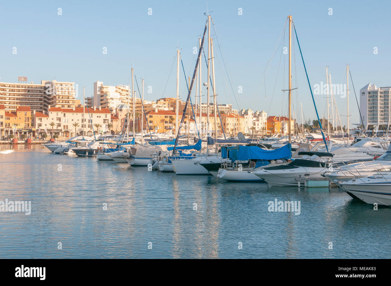 Yachts and cabin cruisers at the marina, Vilamoura, Algarve, Portugal. Stock Photo