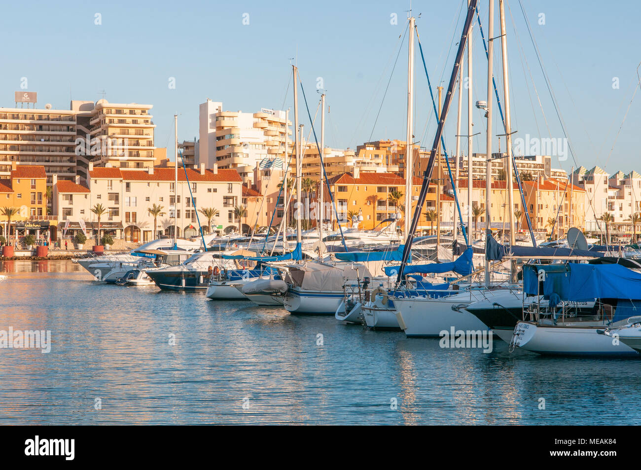 Yachts and cabin cruisers at the marina, Vilamoura, Algarve, Portugal. Stock Photo