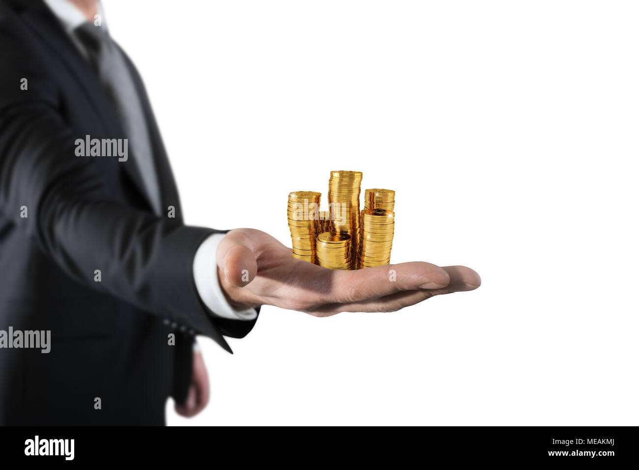 Businessman hold piles of money. Concept of success and company growth Stock Photo