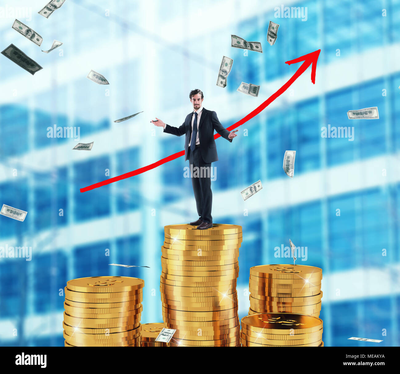 Businessman draws growing arrow of company statistics over a pile of money Stock Photo