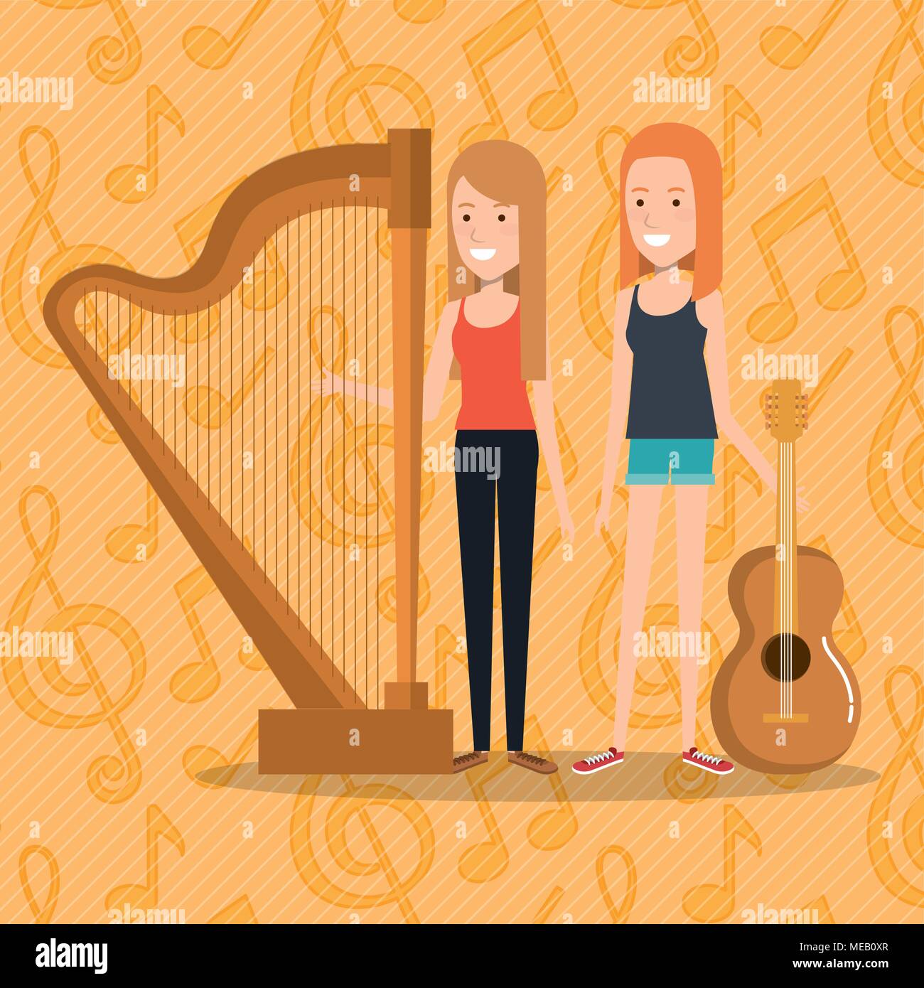 music festival live with women playing harp and guitar vector