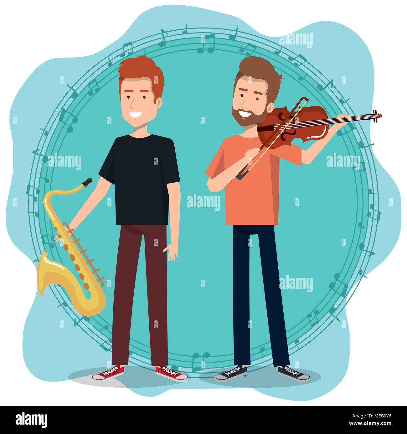 music festival live with men playing saxophone and violin vector illustration Stock Vector Image