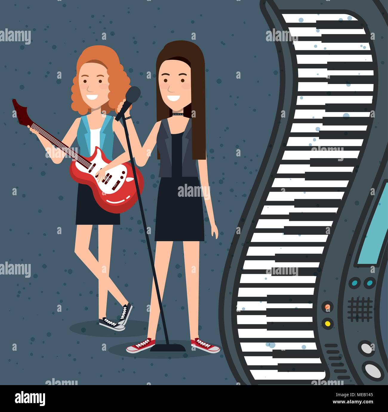 music festival live with women playing electric guitar and sing vector