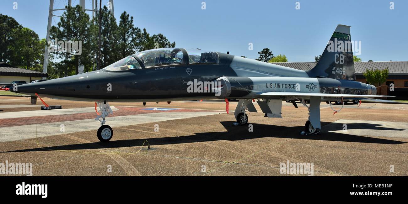 A U.S. Air Force T-38 Talon on the runway at Columbus Air Force Base in Florida. This T-38 is used as a training jet for student pilots. Stock Photo