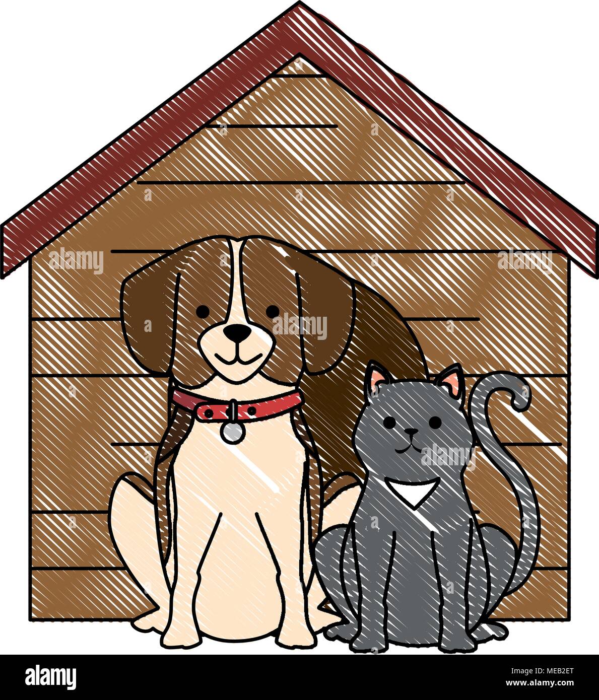 cute dog and cat with wooden house characters vector illustration ...