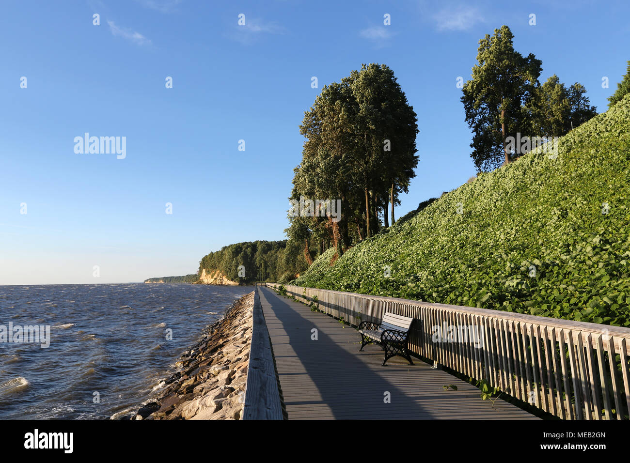 Chesapeake Bay front walking trail with Calvert Cliffs in background