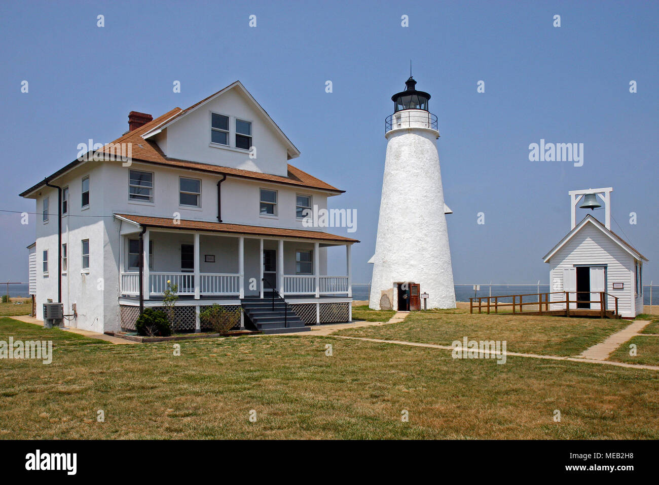 Cove Point Lighthous Station showing tower, fog bell building and keepers duplex. Stock Photo