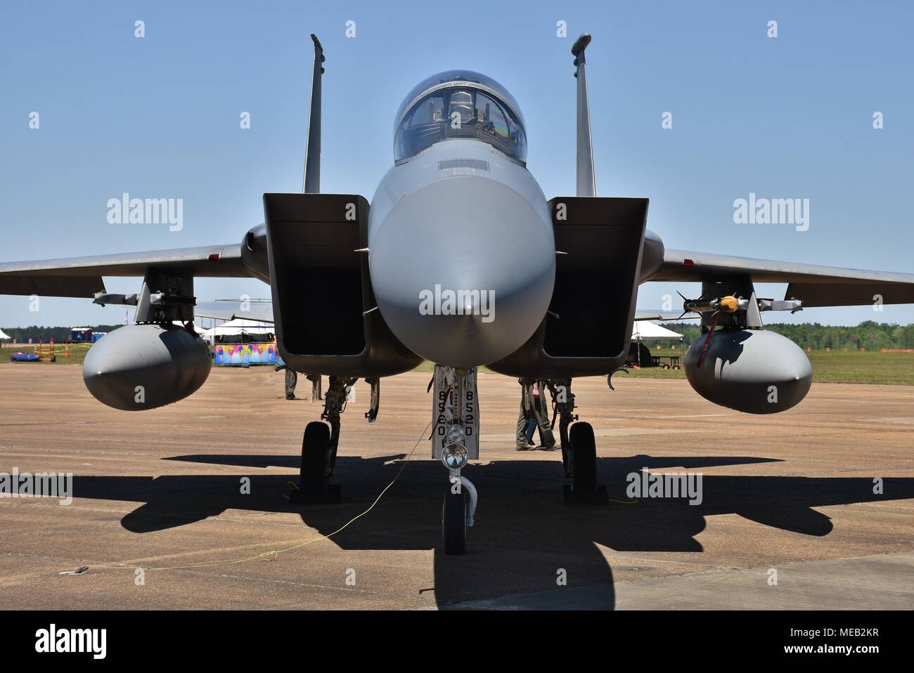 An Air Force F-15 Eagle fighter jet on a runway at Columbus Air Force Base. This F-15 belongs to the Louisiana Air National Guard's 59th Fighter Wing. Stock Photo