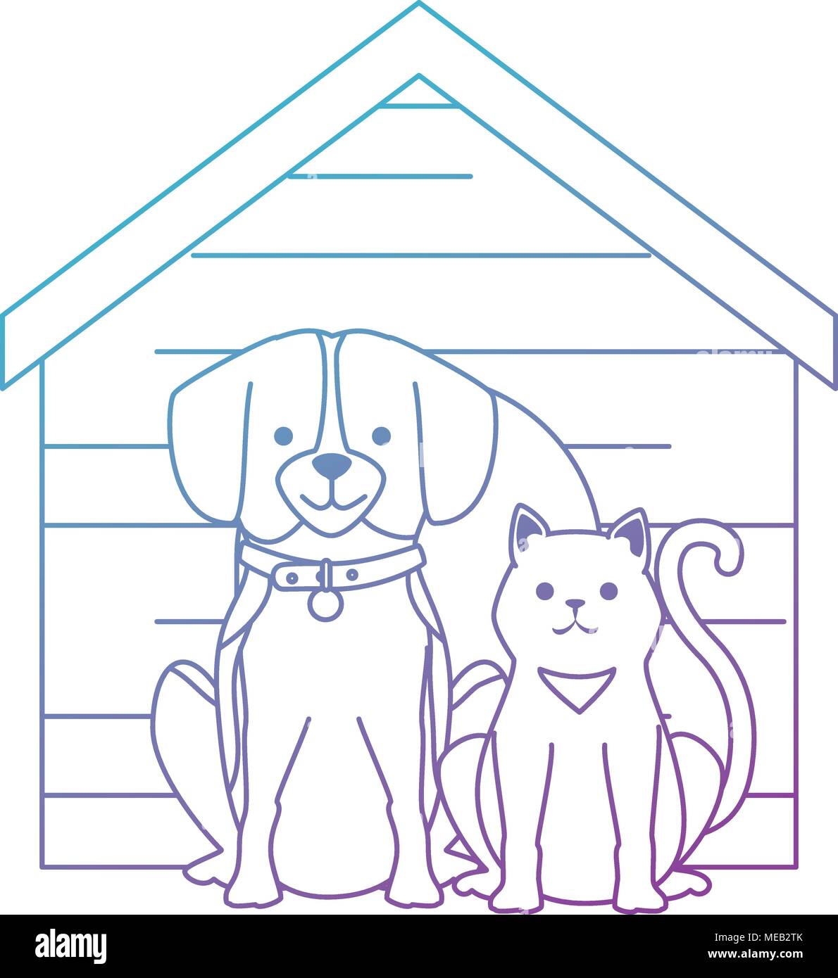 cute dog and cat with wooden house characters vector illustration ...