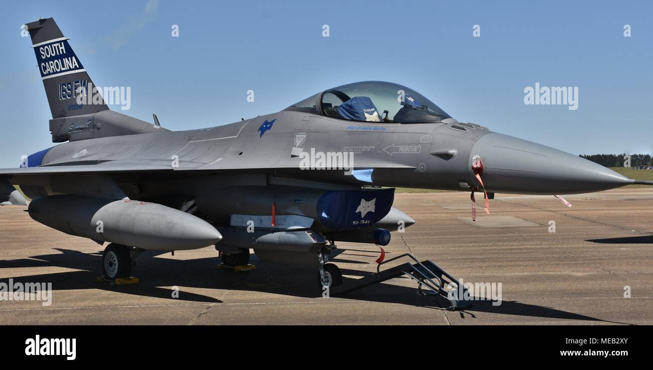 An Air Force F-16 Viper/Fighting Falcon on the  runway at Columbus Air Force Base. This F-16 belongs to the South Carolina Air National Guard. Stock Photo