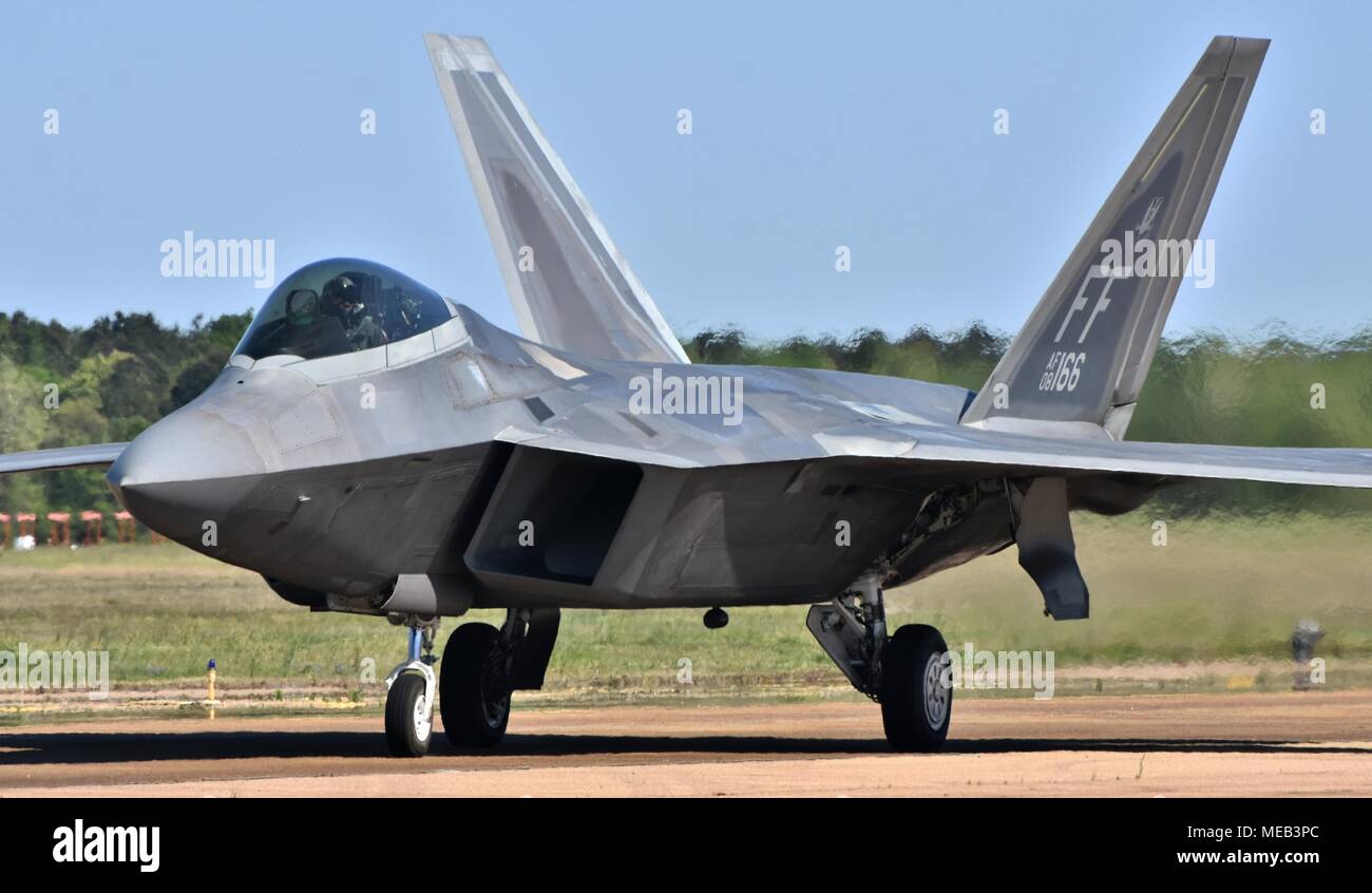 An Air Force F-22 Raptor on the runway at Columbus Air Force Base. This F-22 belongs to the 192nd Fighter Wing from Joint Base Langley-Eustis. Stock Photo