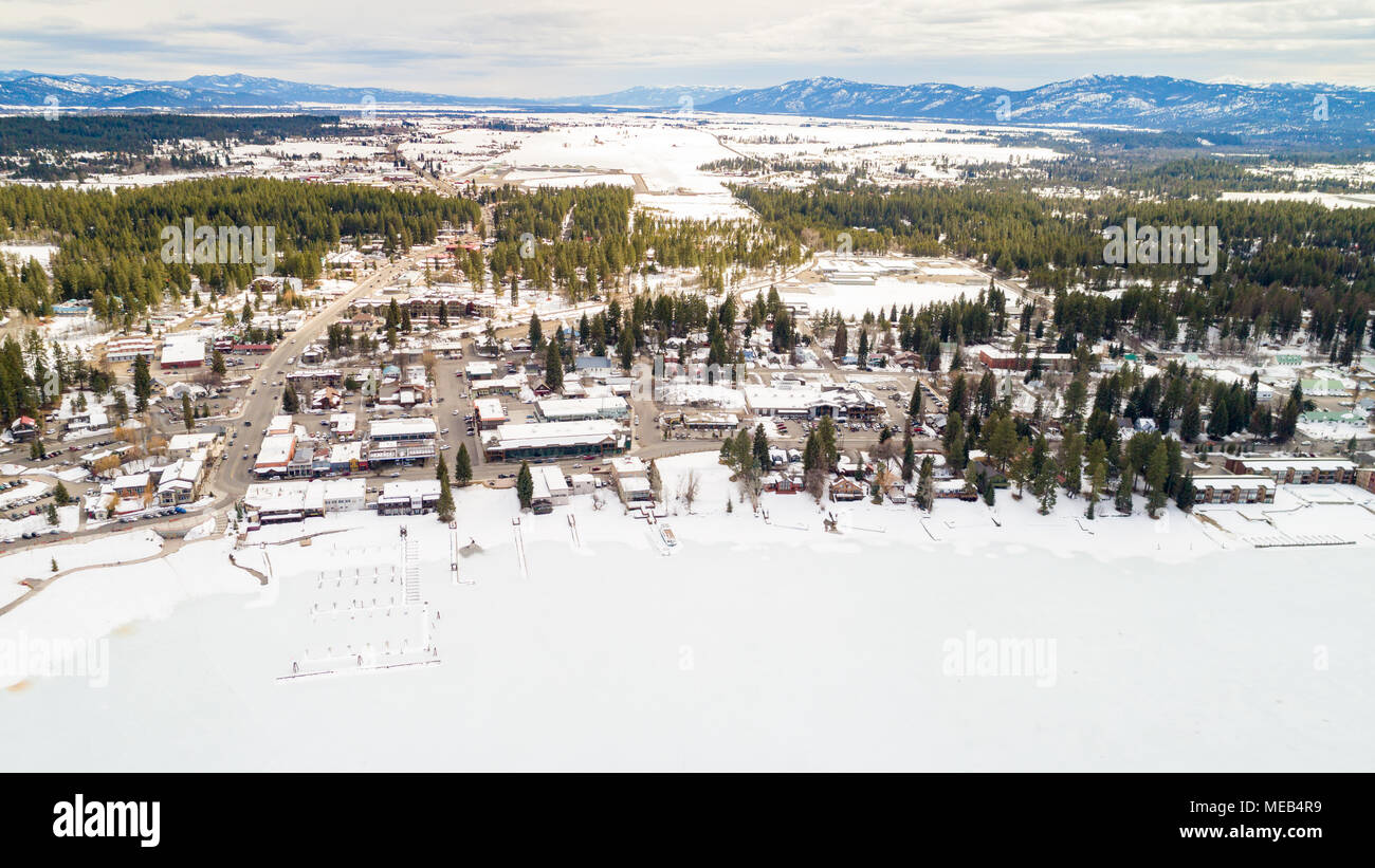 Unique view of downtown McCall Idaho in winter with ice on Payette Lake