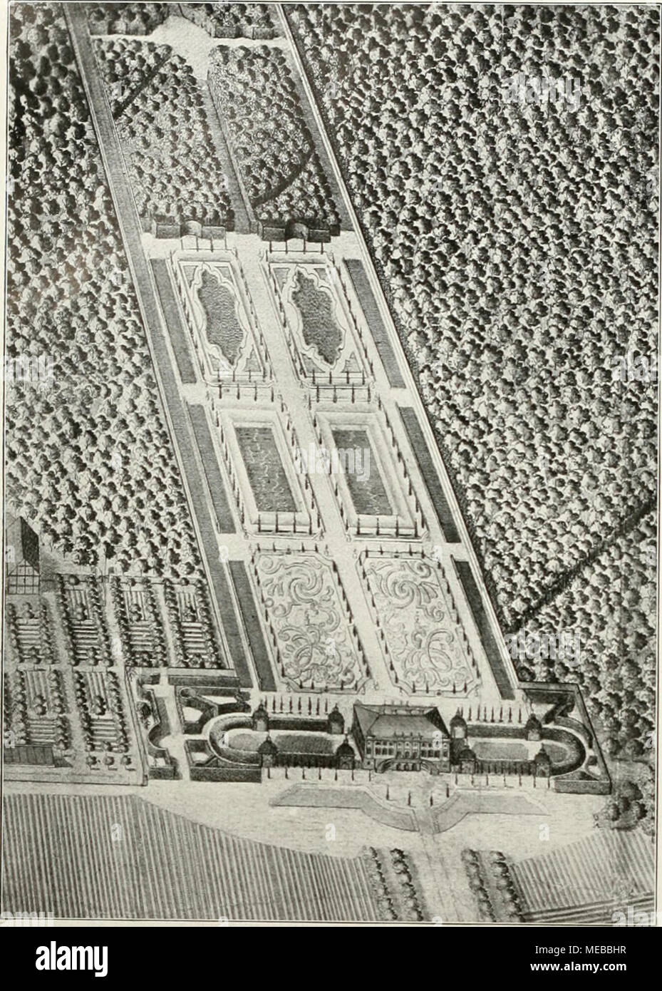 . Die Gartenkunst . Abb. 2. Schloßpark Monplaisir bei Schwedt a. d. O. (17411. geben, daß beide Gaitenschöpfungen in der gleichen Zeitperiode entstanden sind und dieselben Umänderungen im Laufe der Jahre durchgemacht haben. Als 1689 der Garten im Residenzschlosse zu Schwedt angelegt wurde, drang gerade des großen Lenotre Ruf durch alle Länder und jeder europäische Fürst hielt es für seine Pflicht, ebenso wie er seine Hofhaltung nach dem Vorbilde des Roi Soleil umgeformt hatte, auch seinen Schloßpark nach Versailler Muster anlegen zu lassen. Der Hofgarten wurde also in streng französischem Sinn Stock Photo