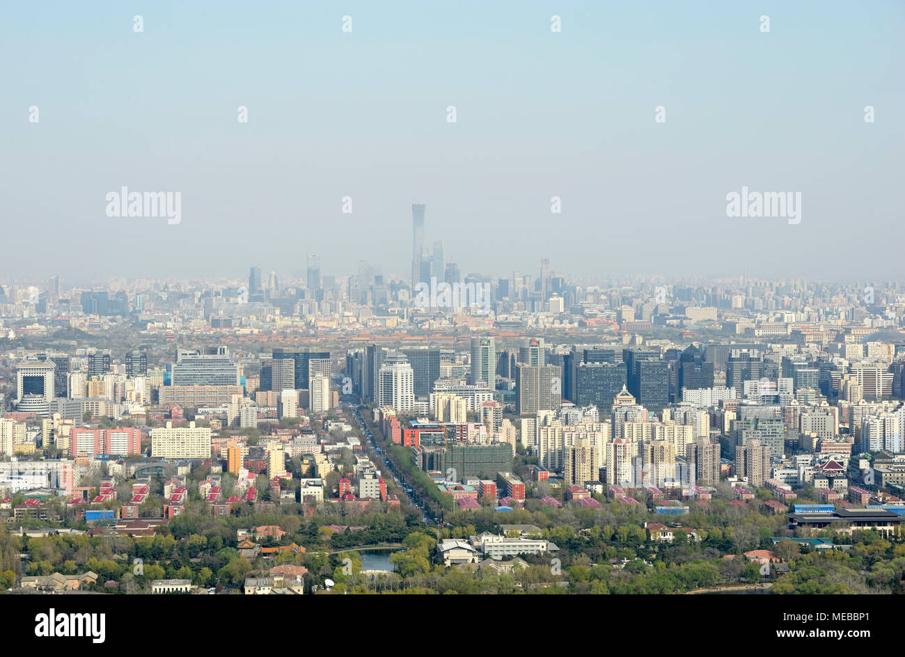 View over Beijing looking east from the China Central Television tower, Beijing, China, with China Zun tower prominent in the CBD in the distance Stock Photo