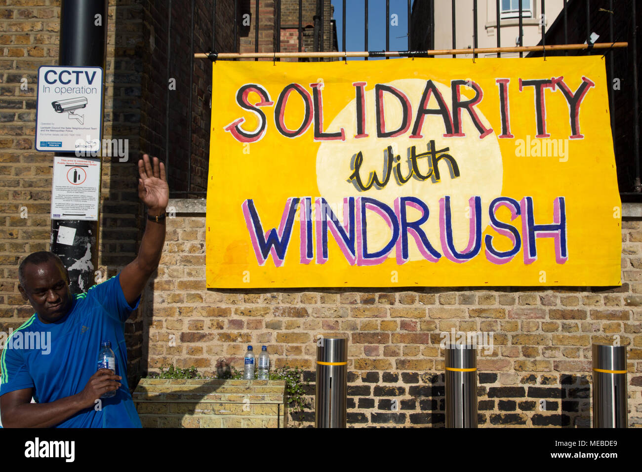 London UK 20th April 2018  Demonstrators during a protest in support of the Windrush generation in Windrush Square, Brixton Stock Photo